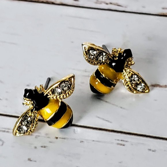 Jewelry - Enamel & Crystal Bee Earrings